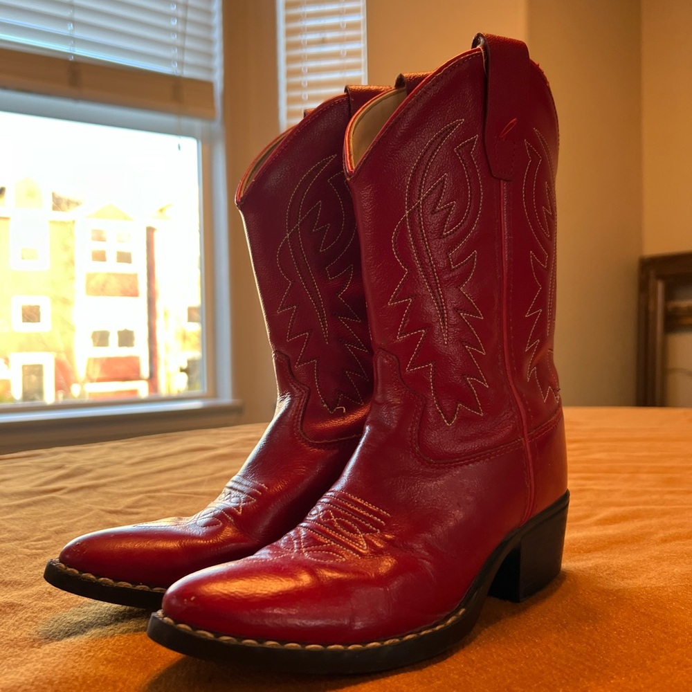 Old West Red Leather Cowboy Boots White Stitching Kids Size 1D - Picture 4 of 9